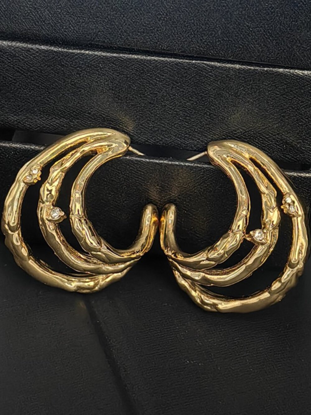 Textured Gold Multi-Layer C-Hoop Earrings with Crystal Accents